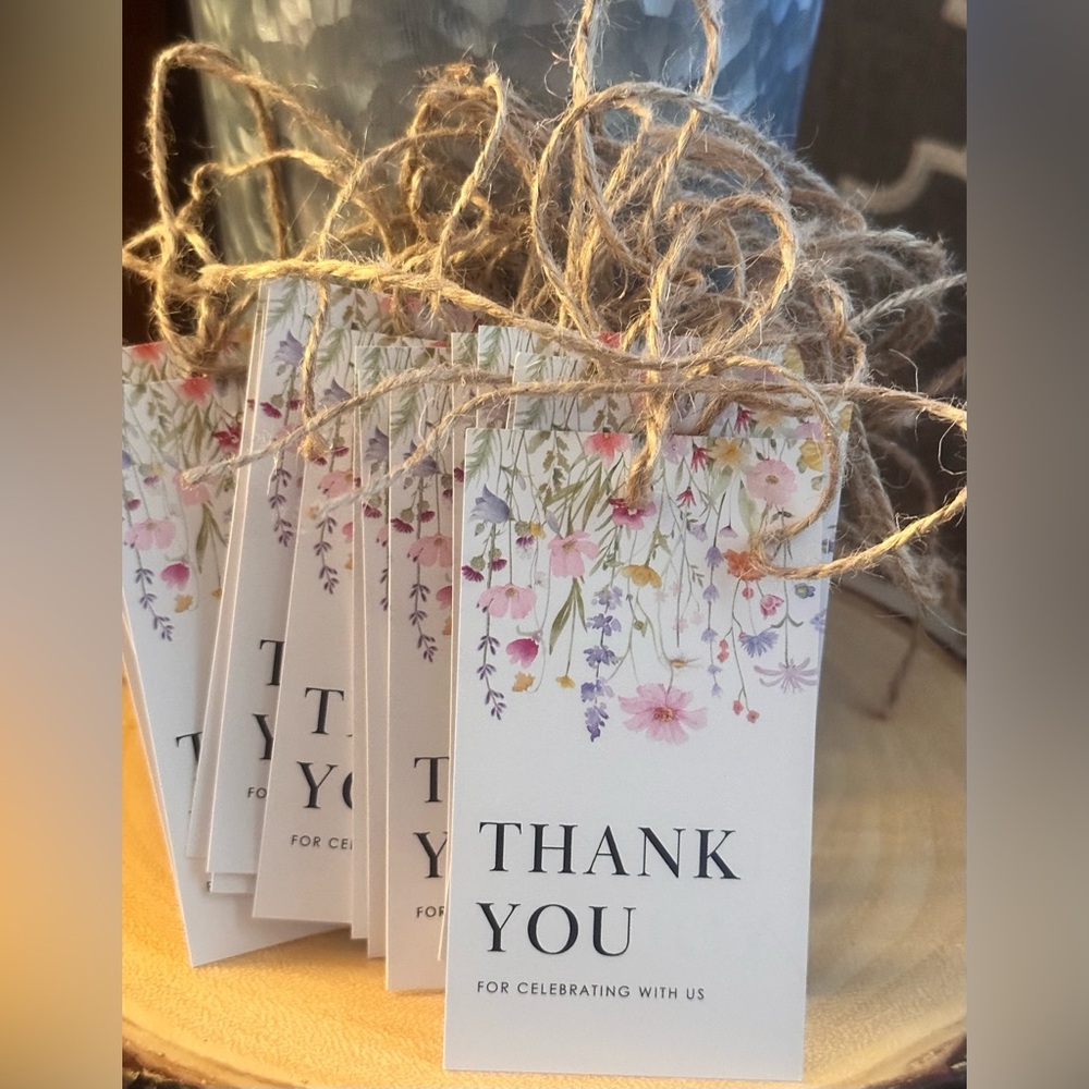 Wildflower Thank You Bag Tie Cards- set of 15 with burlap string ties attached.